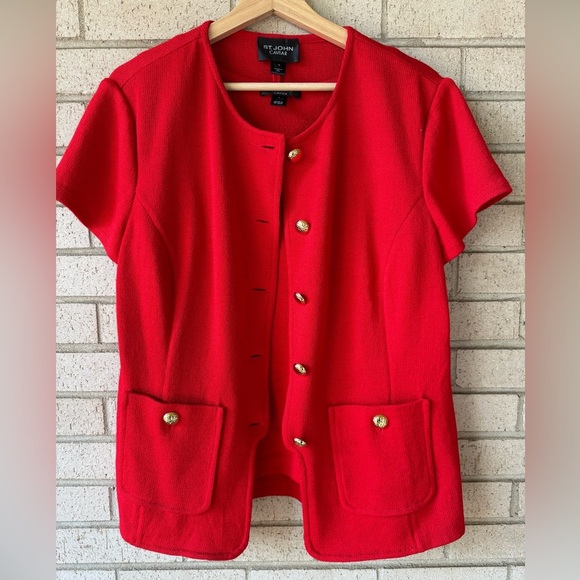 St. John Caviar Red Santana Knit 2-Piece Set | Gold Button Cardigan Set Large - Picture 3 of 8